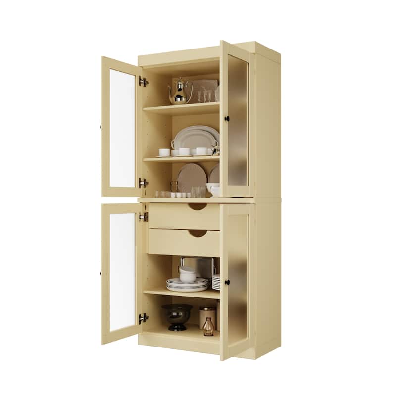 Palace Imports 100% Solid Wood Pantry Cabinet with Frosted Glass Doors, 2-Drawers and Adjustable Shelves - 32" x 71.5" - Yellow
