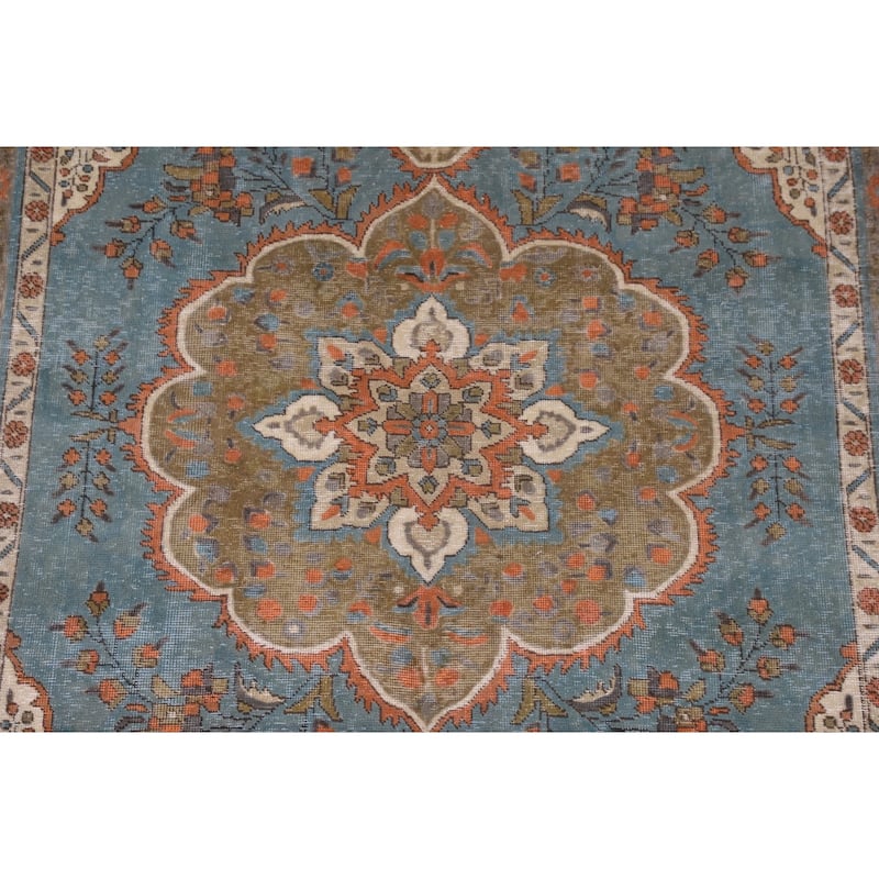 Over-Dyed Blue Tabriz Vintage Area Rug Handmade Wool Carpet - 6'5" x 9'5"