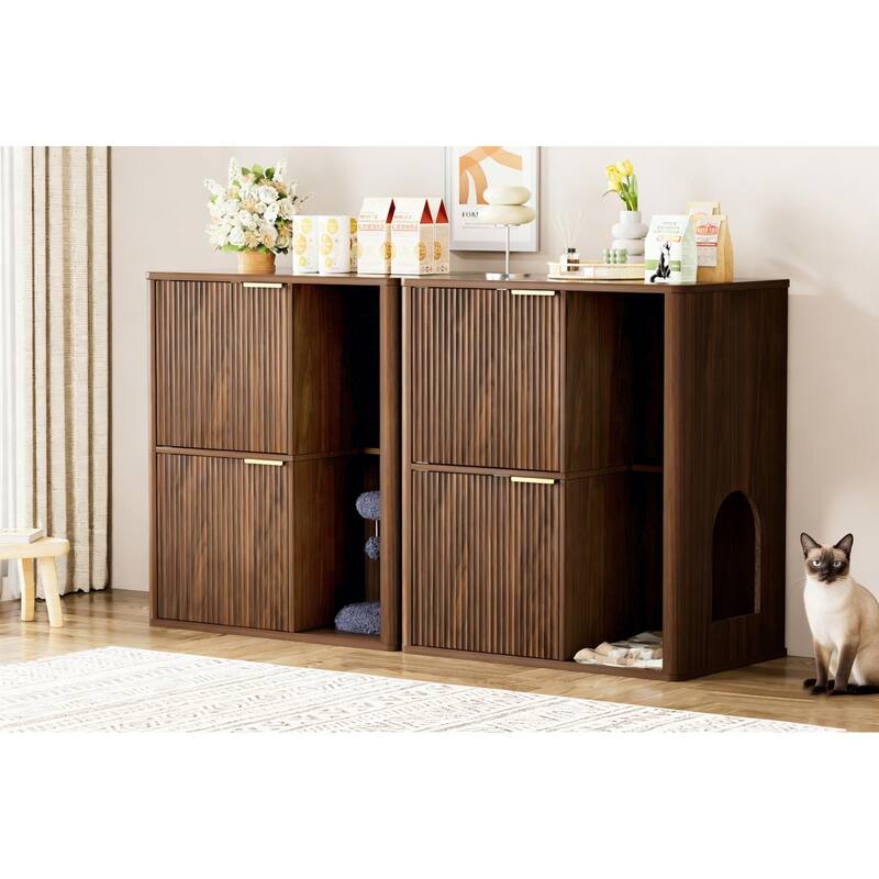 Anmytek Modern Cat Litter Box Enclosure with Cat Tree and Scratching Posts Walnut Finish Side Cabinet