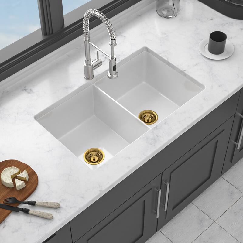 32 Inch Undermount Double Bowl Ceramic Kitchen Sink in White - 32'' x 19'' x 10''