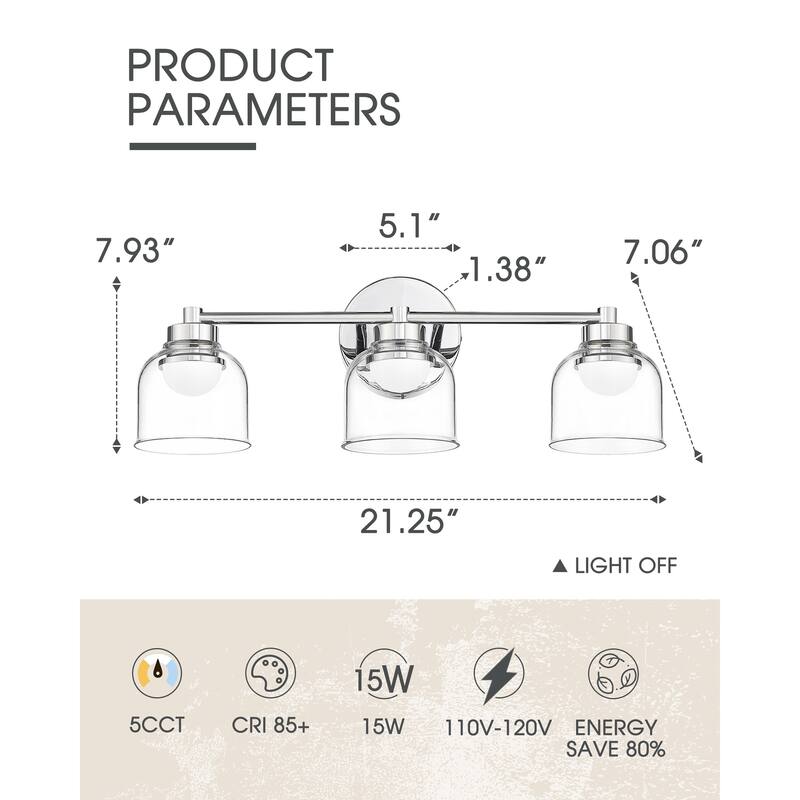 3/4/5-Light 15W LED Bathroom Vanity Light, Dimmable, Chrome