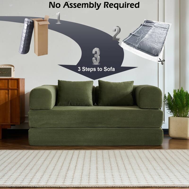 59.05'' Corduroy Convertible Sofa Bed with Cylindrical Pillow, Floor Sofa Lounge Couch