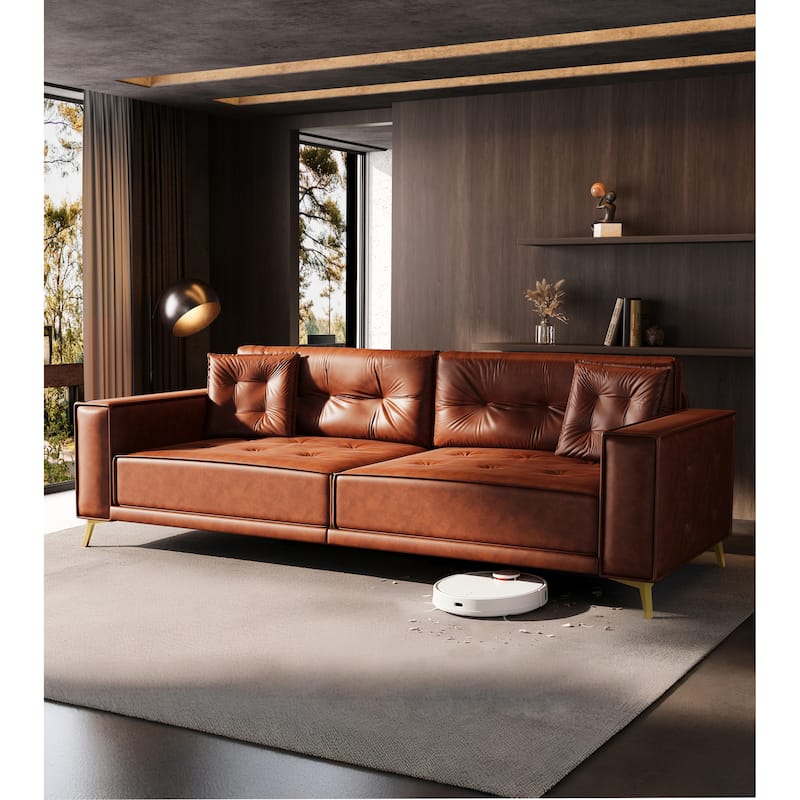 Oversized 3-in-1 Convertible Sofa Bed, 92.1" Faux Leather Square Arms Loveseat, Modern Pull-Out Sleeper Couch with Pillows