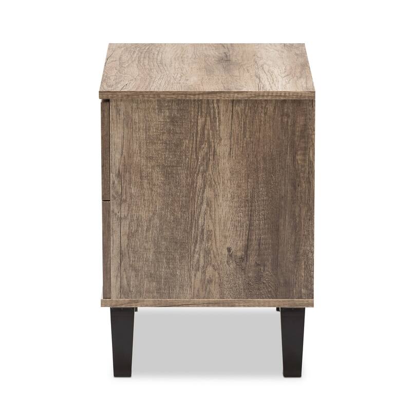Modern Nightstand 2 Drawer Bedside Table, Oak Veneer & Black Accents, Bedroom Storage Organizer