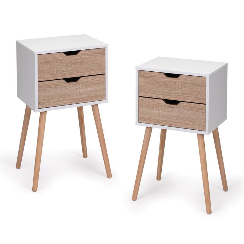 Nightstand w/ 2 Drawers, Bedside Tables w/ Solid Wood Legs and Storage