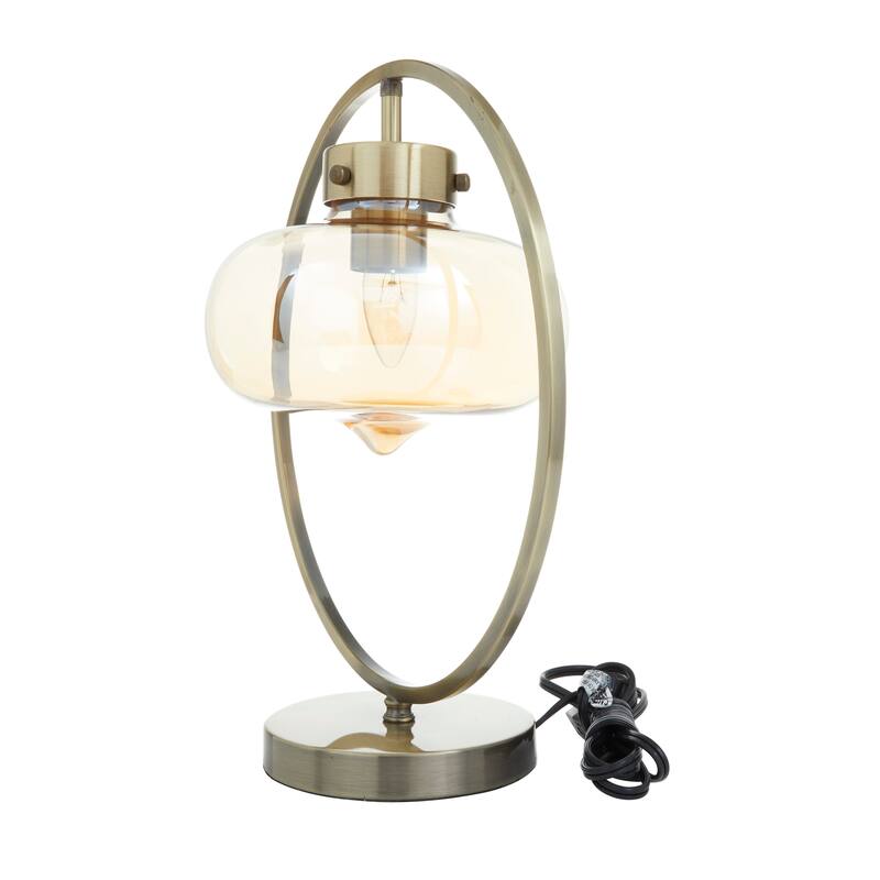 Gold Metal Circular Framed Accent Lamp with Hanging Glass Shade