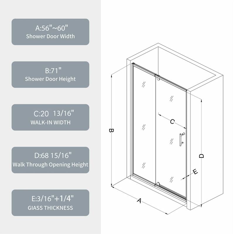 56-60 Inch Wide Pivot Shower Door - Magnetic Seal, 1/4" Tempered Glass, Reversible Matte Black/Chrome - 60 x 71