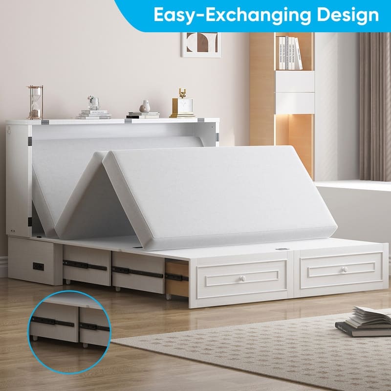 Mixoy Queen Modern Murphy Bed Chest with Mattress and Storage Drawer