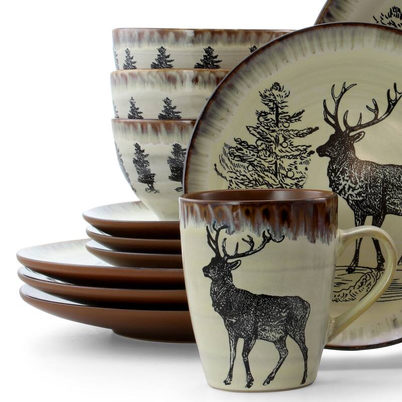 Elama Moose Lodge16 Piece Round Stoneware Dinnerware Set in Taupe