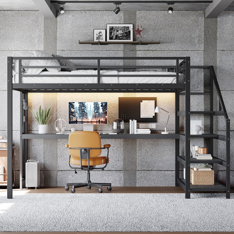 Queen Loft Bed with Desk, Storage Stairs & LED Lights, Metal Bed Frame with USB Ports & Iron Nets, No Box Spring Needed