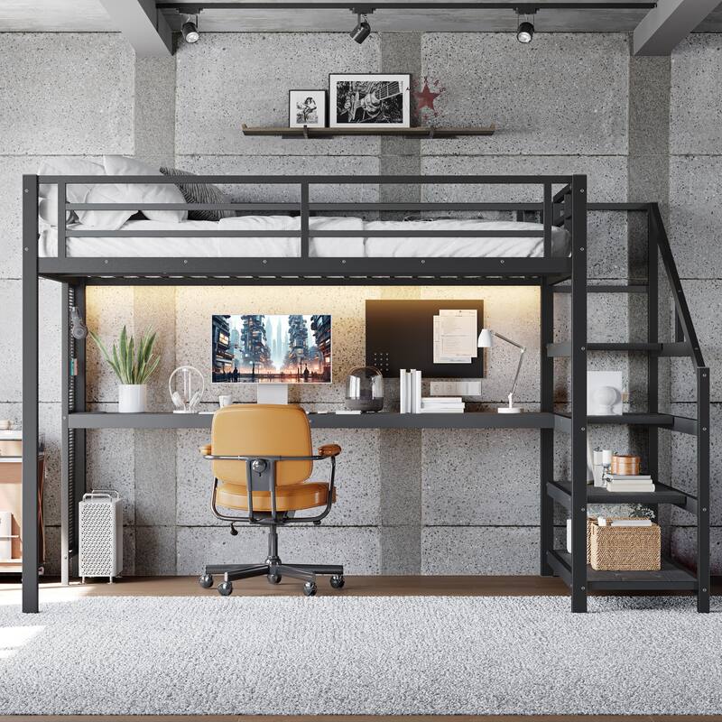 Roomfitters Queen Metal Loft Bed with Desk and Storage Stairs, LED Lights and USB, Black - Black