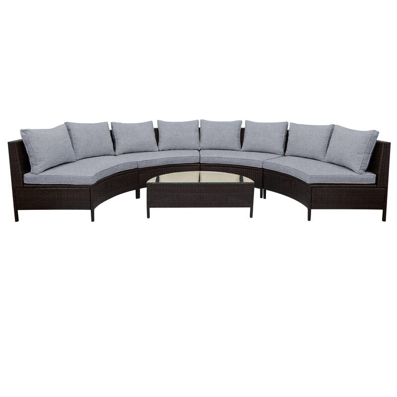 Outdoor 5-Piece Rattan Half-Moon Sectional Sofa Set with Glass Coffee Table