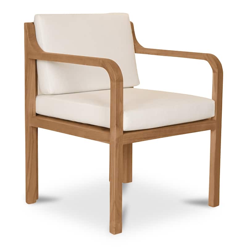 NADAAL STUDIOS Evelith Outdoor Dining Chair, Solid Teak Frame, Curved Back and Sloped Arms, White Olefin Upholstery