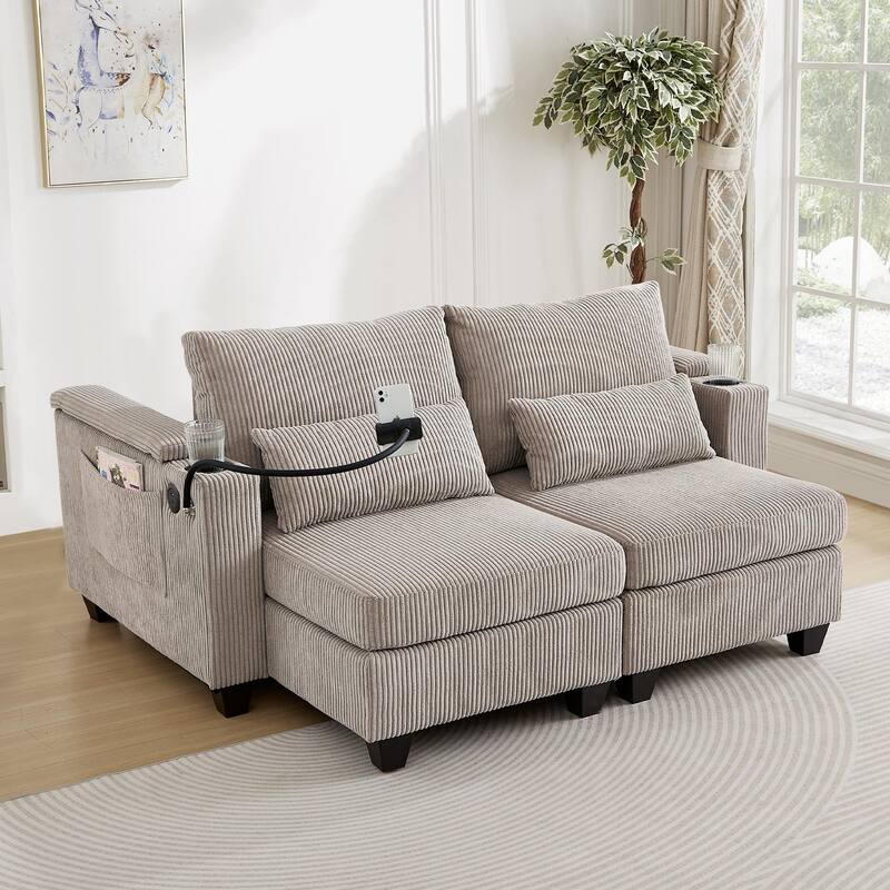 Convertible Chaise Lounge Loveseat Sofa Bed with USB Ports, Storage, and Lumbar Pillows, Brown Corduroy