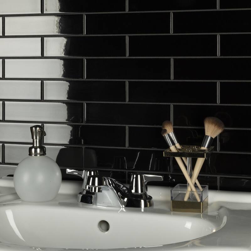 Merola Tile Metro Soho Subway Glossy Black 1-3/4" x 7-3/4" Ceramic Floor and Wall Tile