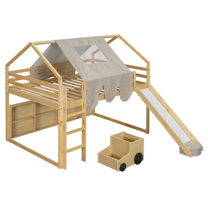 Full Size Loft Bed with Slide, Tent, and Storage Shelves - House Frame Kids Bed with Ladder and Car-Shaped Organizer