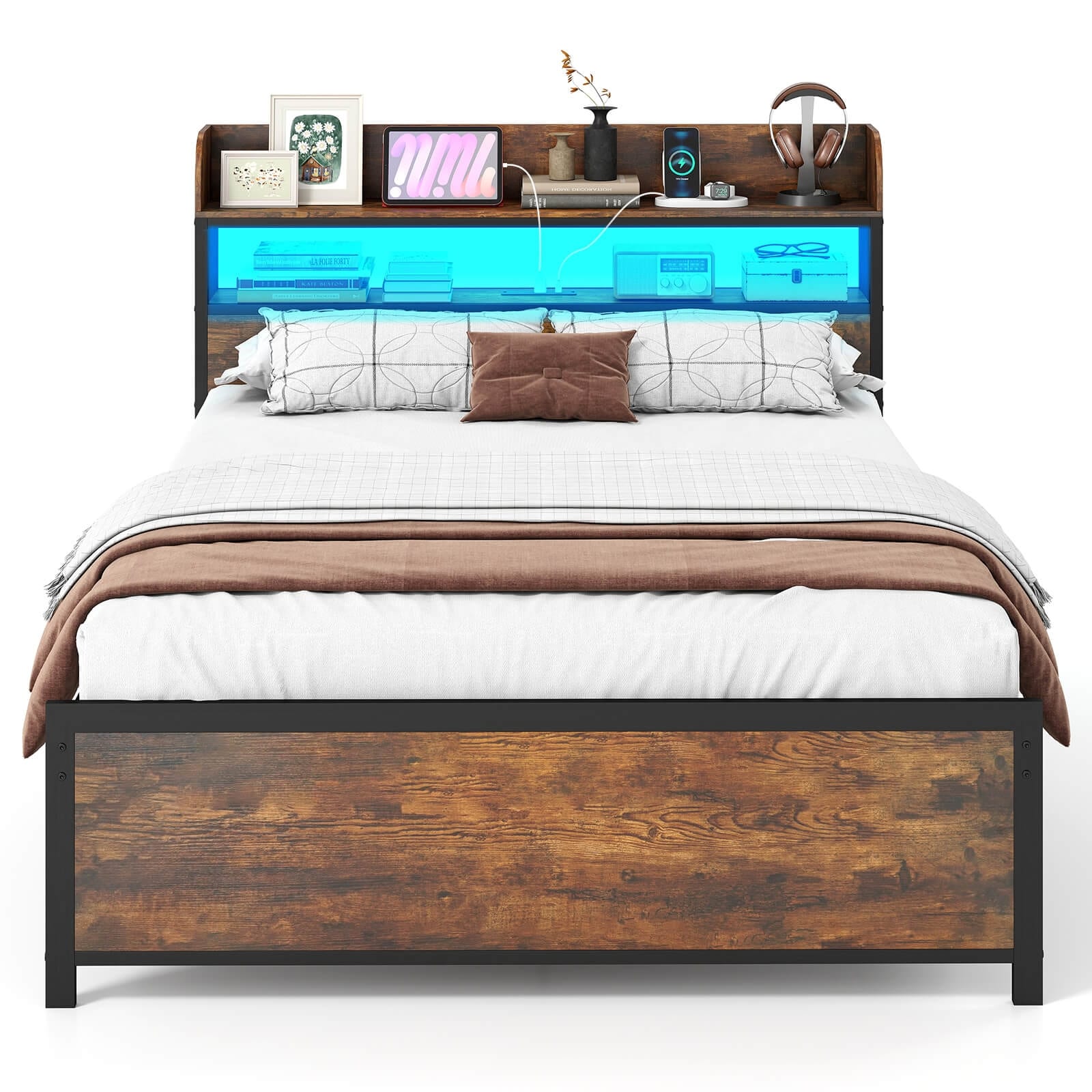 Coatway Full/Queen/King Bed Frame with LED Lights Power Outlets