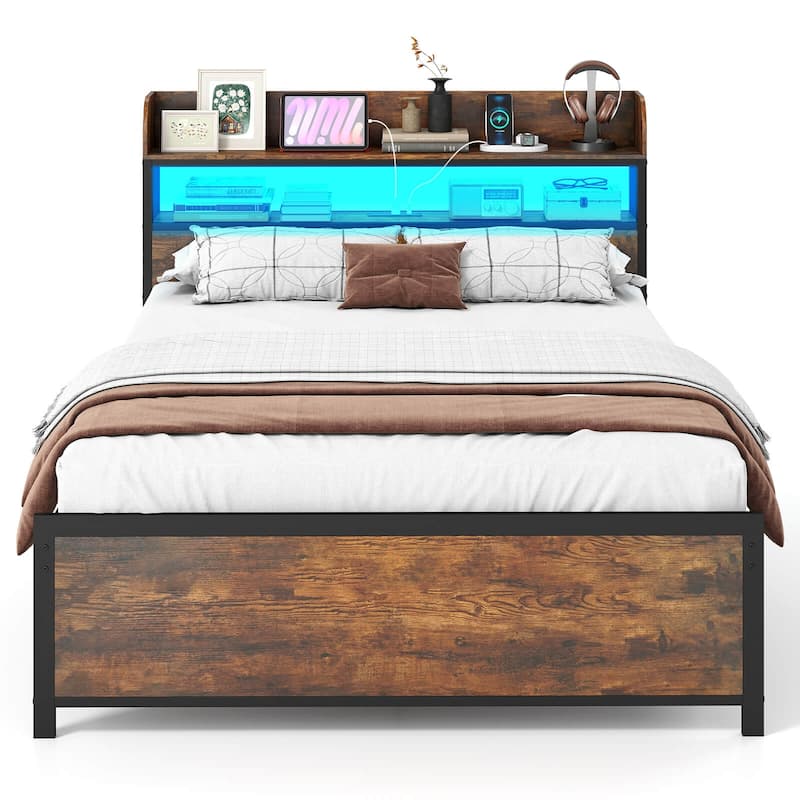 Coatway Full/Queen/King Bed Frame with LED Lights Power Outlets - Rustic Brown - Full