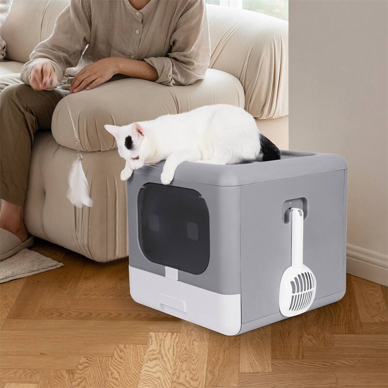 2Way Enclosed Cat Litter Box Top Entry with Scoop Fully Pull Out Drawer, Easy to Install&clean
