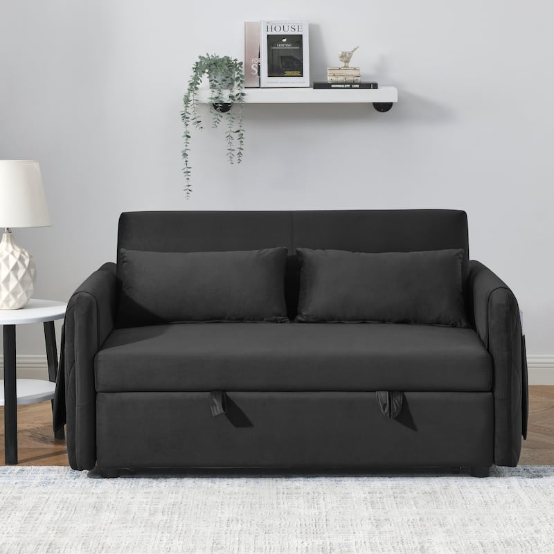 Modern Convertible Velvet Loveseat Sofa Sleeper Sofa Bed with 2 Pillows - Black