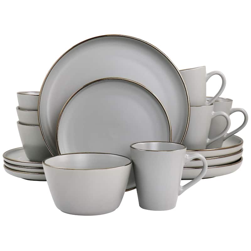 Elama Louis Stoneware Dinnerware Set in Matte Slate w/ Gold Rim - 16 Piece Set