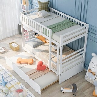 Twin-Over-Twin Bunk Bed with Trundle, Space-Saving Wooden Bunk Bed Frame for Twin Size Mattress (No Box Spring Needed)