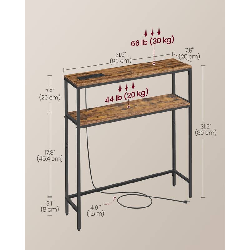 Rustic Brown 2-Tier Narrow Console Table with Power Outlet with Shelves for Hallways or Entryways