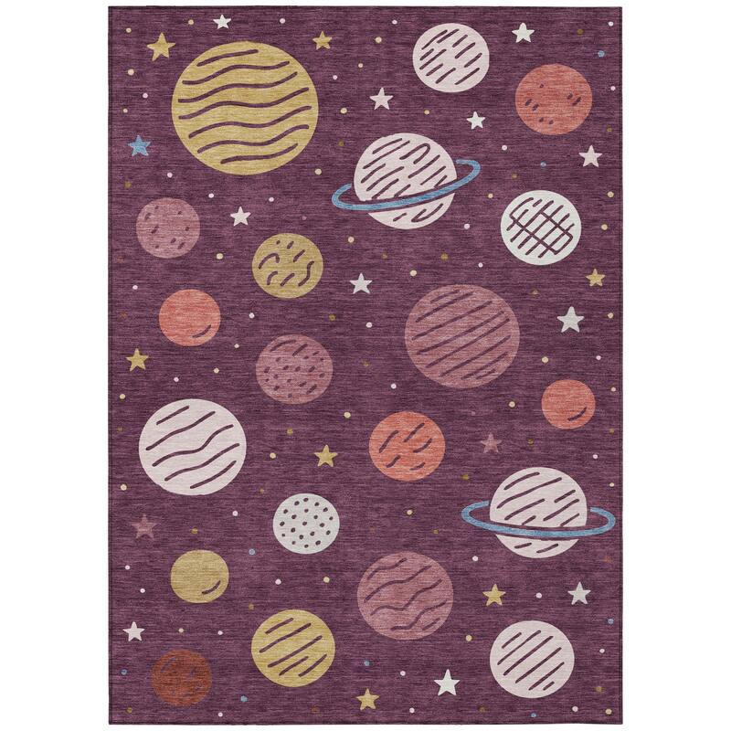 Machine Washable Indoor/ Outdoor Modern Planets Chantille Rug