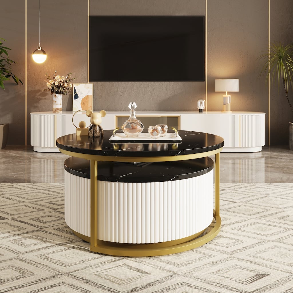 Modern Round Nesting Coffee Table Fluted with Drawer