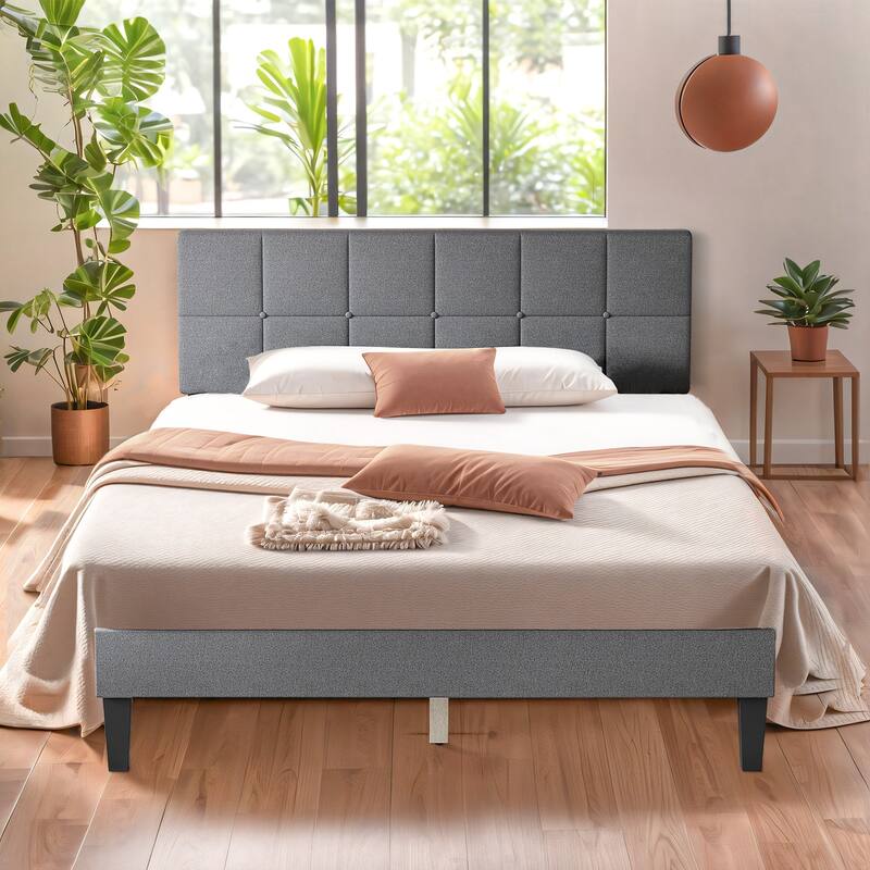 Wood Platform Bed Wood Bed Frame with Headboard, No Box Spring Needed - Light Grey - Queen