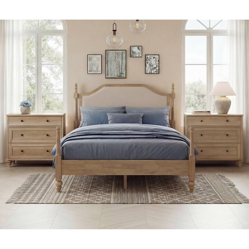 WAMPAT Wood Platform Bed Frame with Upholstered Headboard, Oak