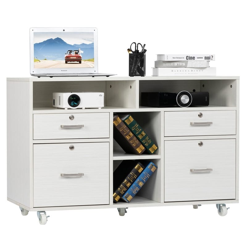 4 Drawer File Cabinet Wood Mobile Lockable Rolling with Shelves