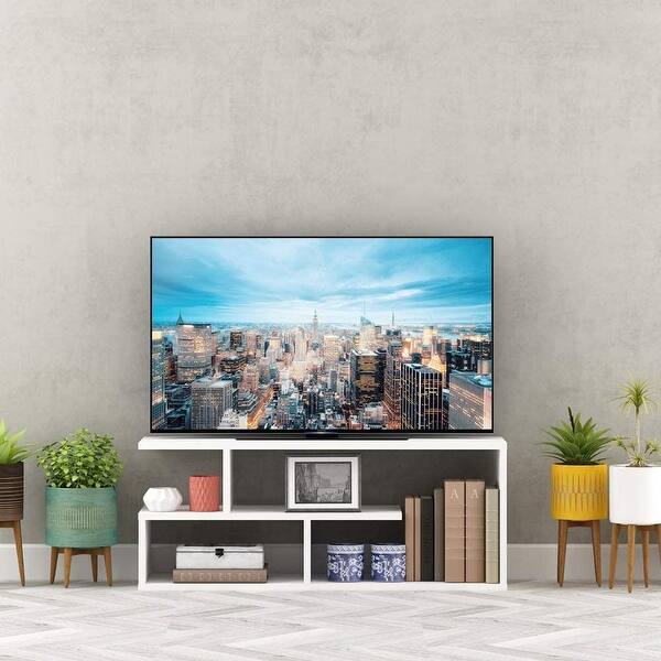 Pyramid Home Decor Asymmetric Tv Stand Media Unit With 4 Open Shelves Overstock 32924567
