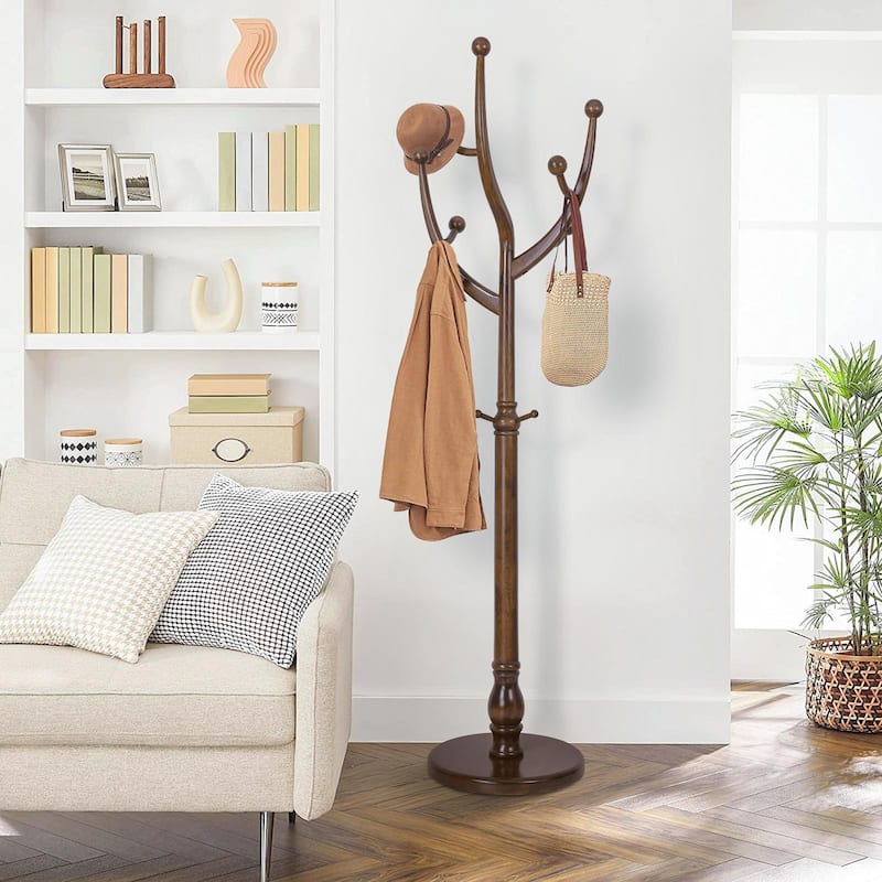 Rubberwood Coat Rack Freestanding, Entryway Coat Tree with Hooks - 74"H x 16.5"Dia