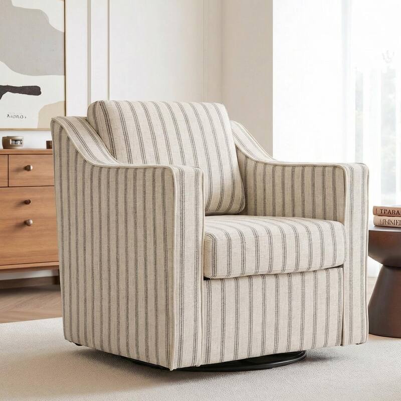 30" W Modern Accent Swivel Chair Comfy Upholstered Armchair - Pinstripe Grey/ Linen