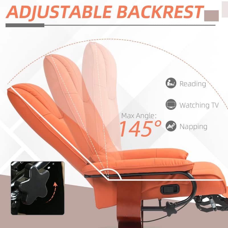 Faux Leather Manual Recliner, Adjustable Swivel Lounge Chair with Footrest, Armrest and Wrapped Wood Base for Living Room