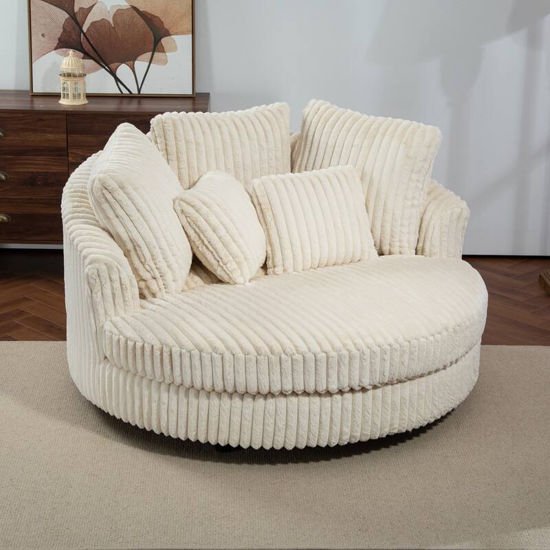 Modern Sofa Chair Round Accent Barrel Chair With 5 Pillows and Storage Ottoman