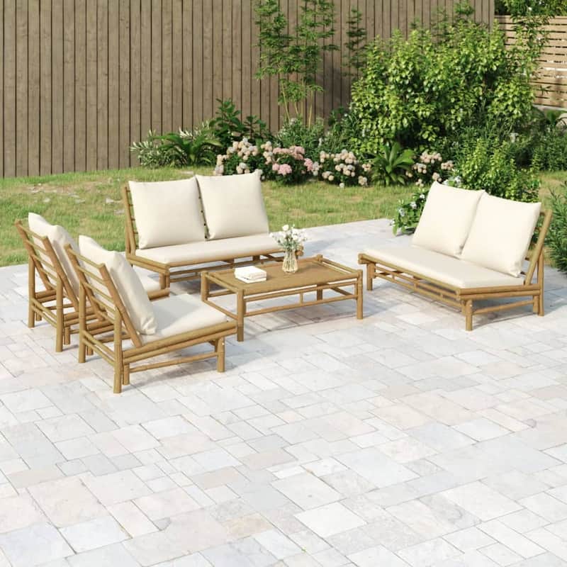 vidaXL 3/4/5 Piece Patio Lounge Set with Dark Gray Cushions Bamboo - 39.4" x 21.7" x 13" - Brown/Cream white 5 Piece