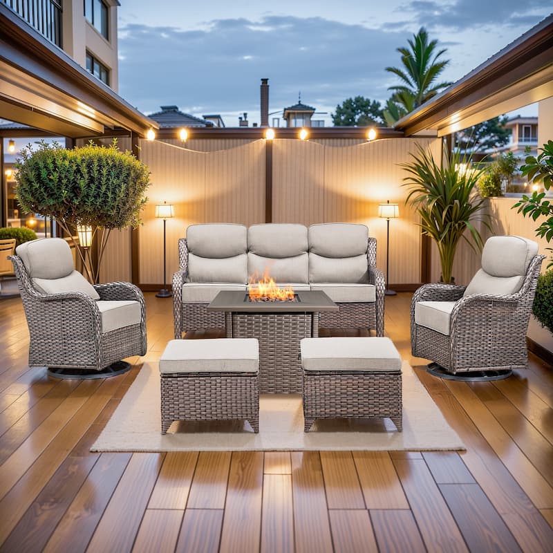Pocassy Outdoor 6" Sofa Swivel Chair Ottoman with Fire Pit Table - Brown Wicker Beige Cushion - 6 Pieces Sofa Chair Ottoman with Fire Table