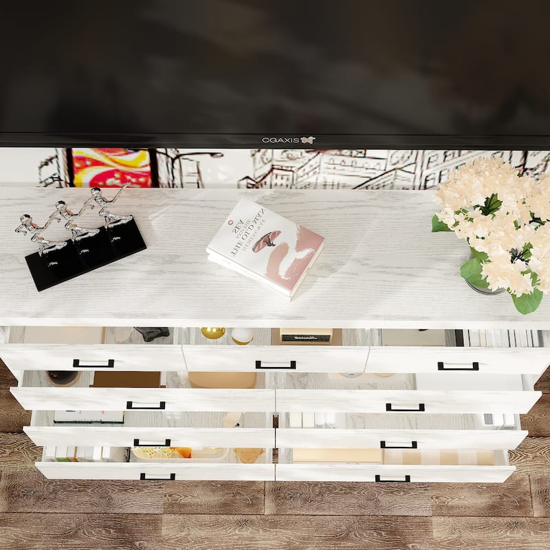 63" White 9 Drawer Dresser for Bedroom, Modern Wide Wood Storage Dresser with Metal Handles