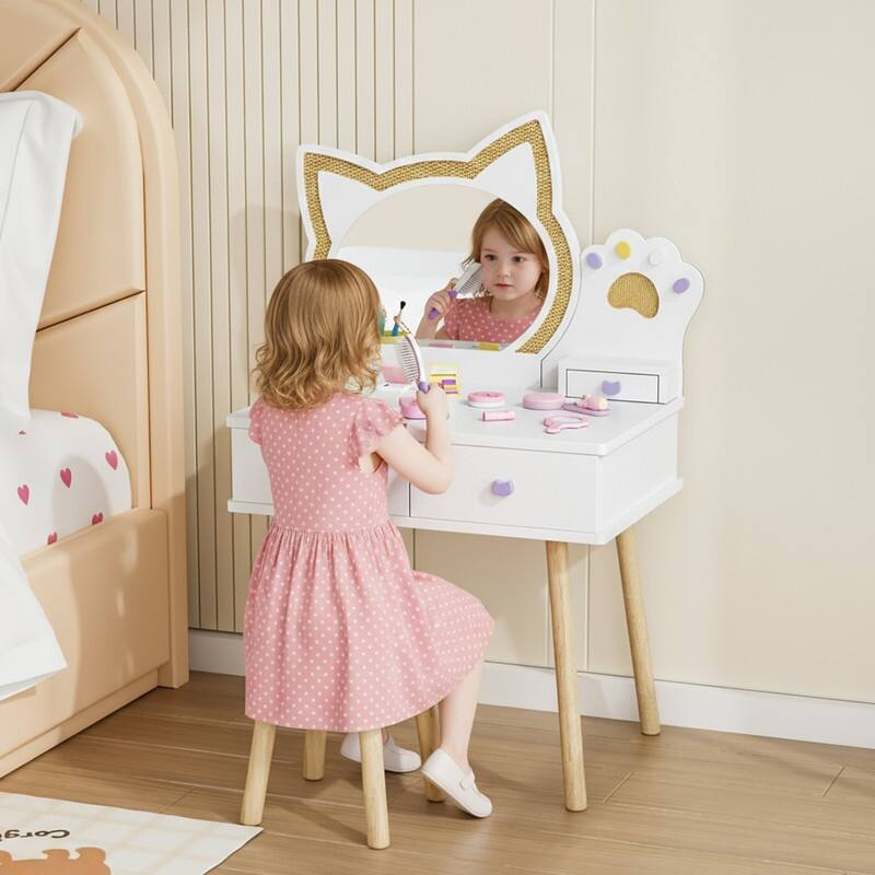 Kids Cat Mirror Vanity Makeup Dressing Table With 7 Pretend Play Accessories - N/A