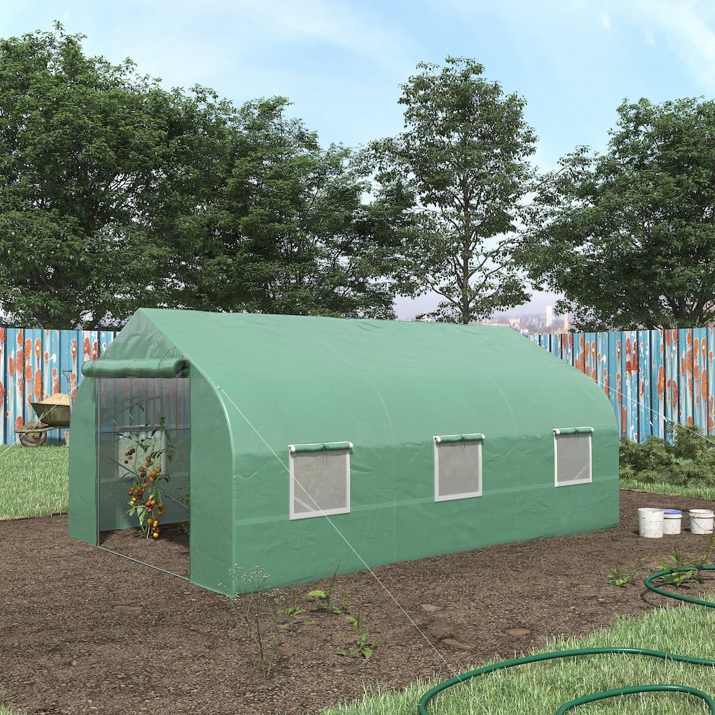 Outsunny 11.5' x 10' x 6.5' Outdoor Walk-In Tunnel Greenhouse Hot House with Roll-up Windows, Zippered Door, PE Cover, Green