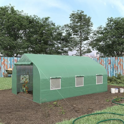 Outsunny 12' x 10' x 7' Outdoor Walk-In Tunnel Greenhouse Hot House with Roll-up Windows, Zippered Door, PE Cover, Green