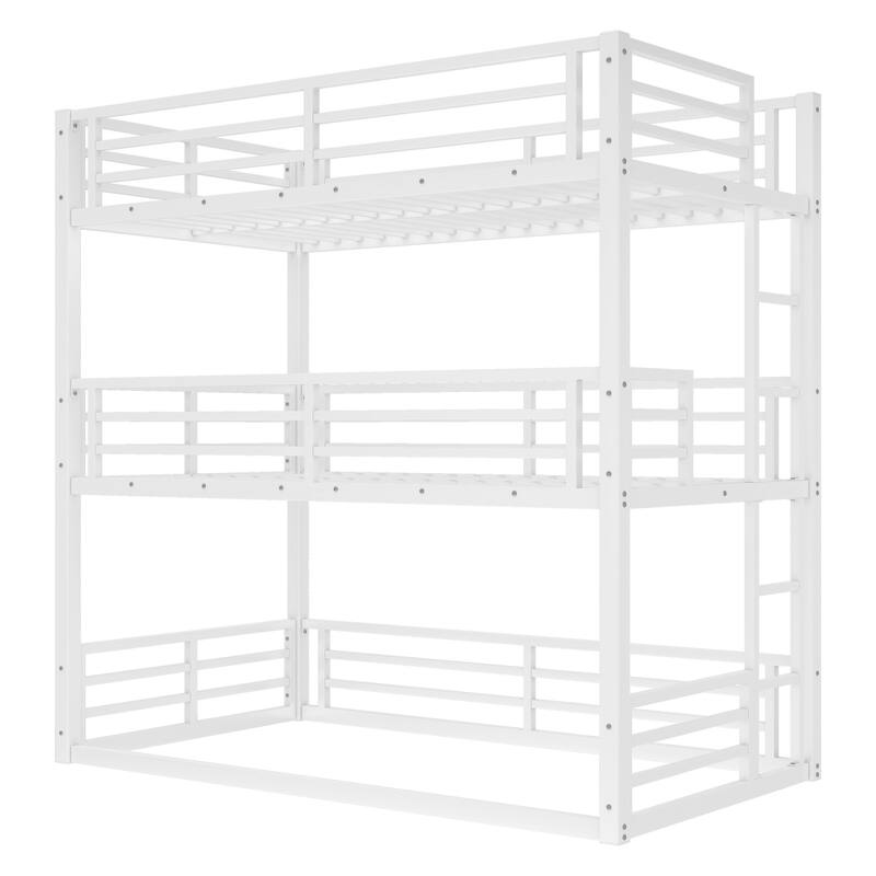 Roomfitters Twin/Full/Queen Metal Triple Bunk Bed with Safety Guardrails, Heavy-Duty Noise-Reduced Frame, White