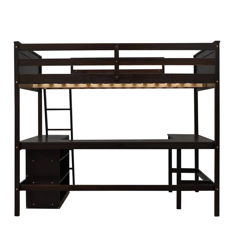 Full Pine Loft Bed with Desk, Shelves, and Guardrails