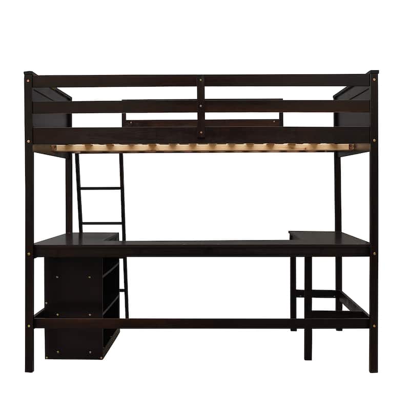 Full size Loft Bed with Shelves and Desk, Wooden Loft Bed with Desk - Espresso
