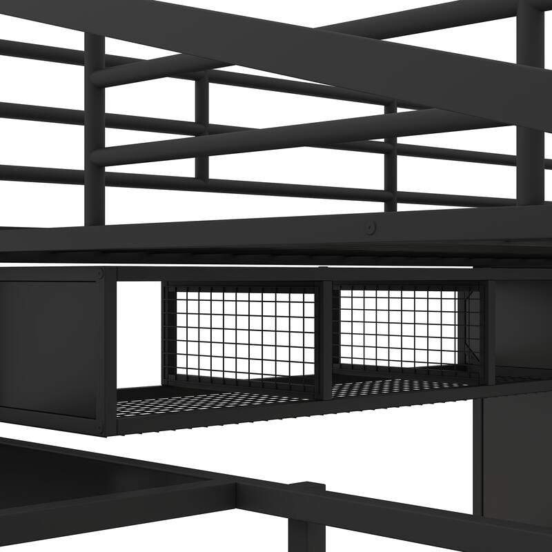 Full Black Metal Loft Bed with Desk, Wardrobe, and Storage