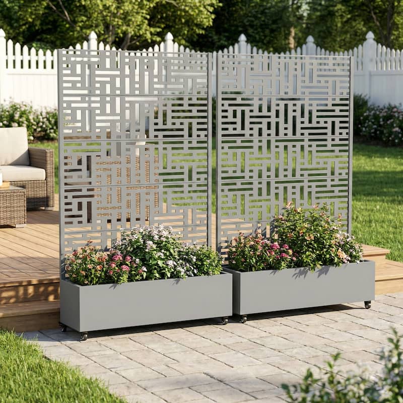 Metal Movable Planter Box with Trellis Privacy Screen Lockable Wheels