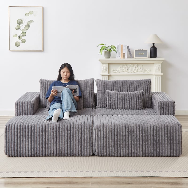 Roomfitters 87" Modern Corduroy Lounge Chaise, Cloud Plush Loveseat Sofa, No Assembly Reclining Sleeper Sofa