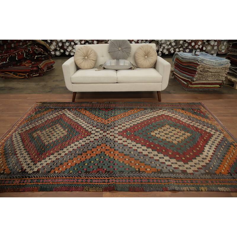 Hand Woven Oriental 100% Wool Carpet Southwestern Tribal Multi-Colored Kilim Area Rug - 8' 10'' X 5' 11''